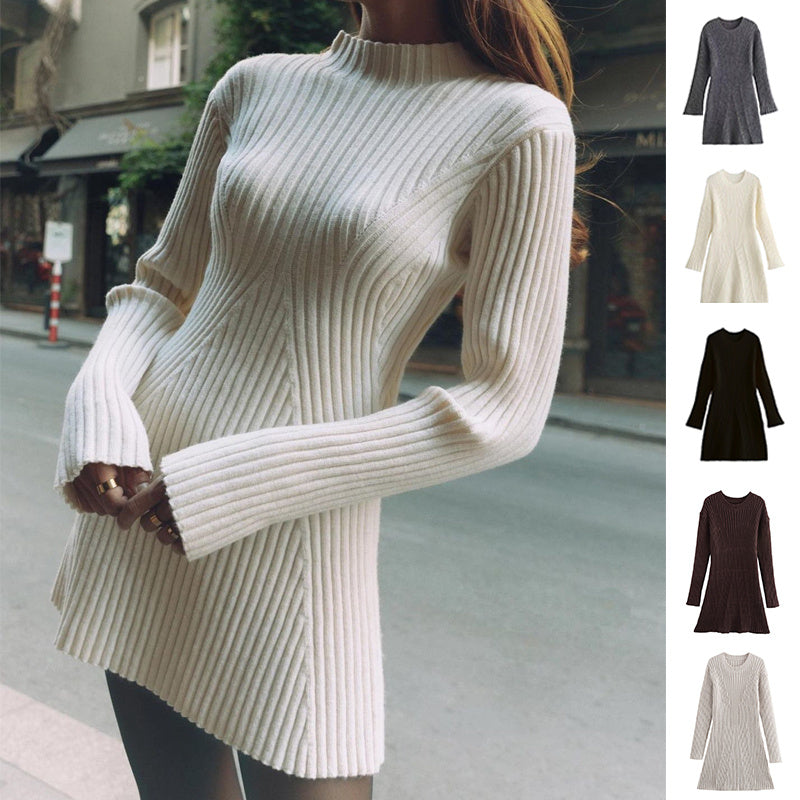 Ribbed Knit Stand-Up Collar Dress