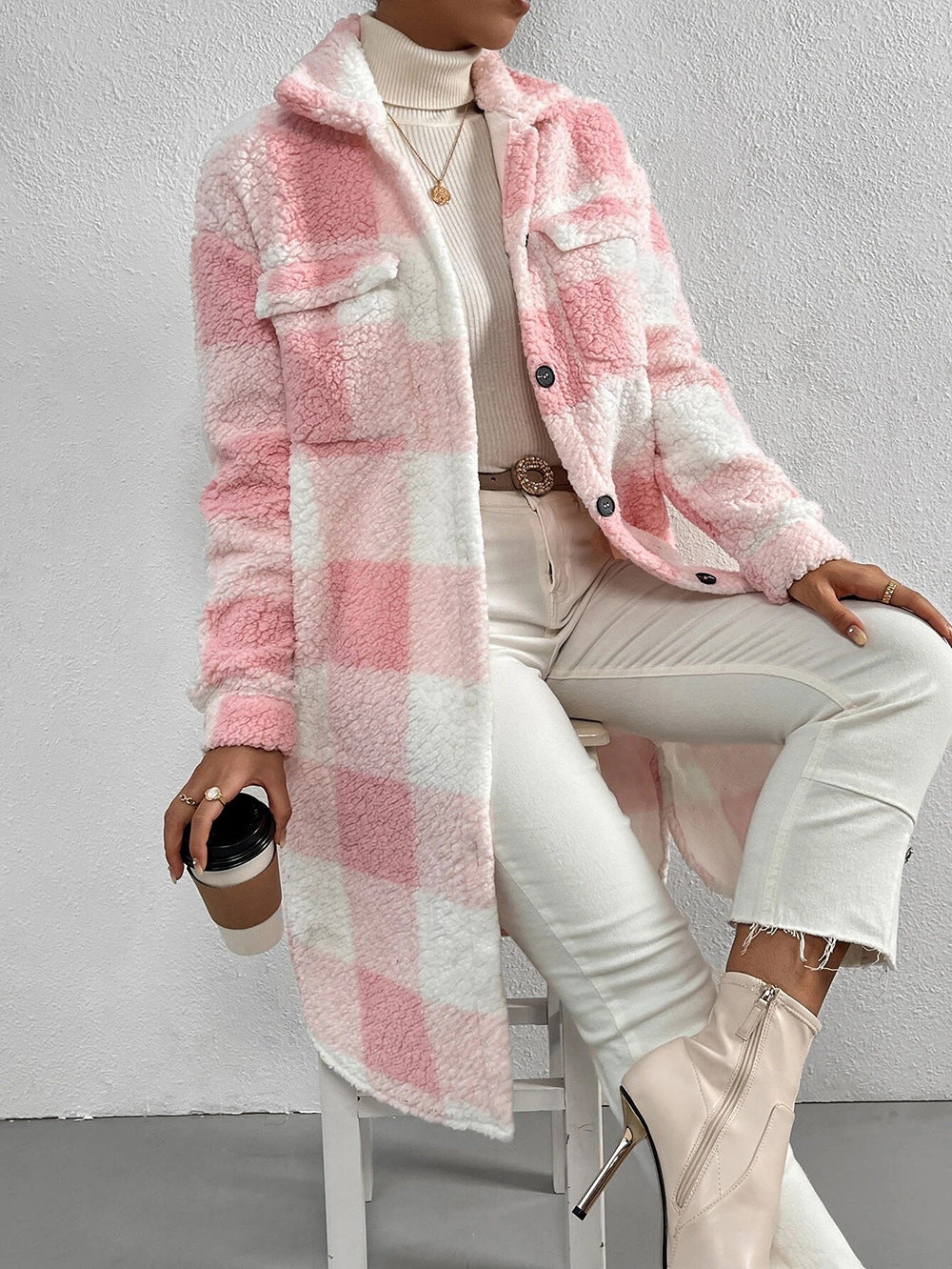 Chic Plaid Polo Collar Coat