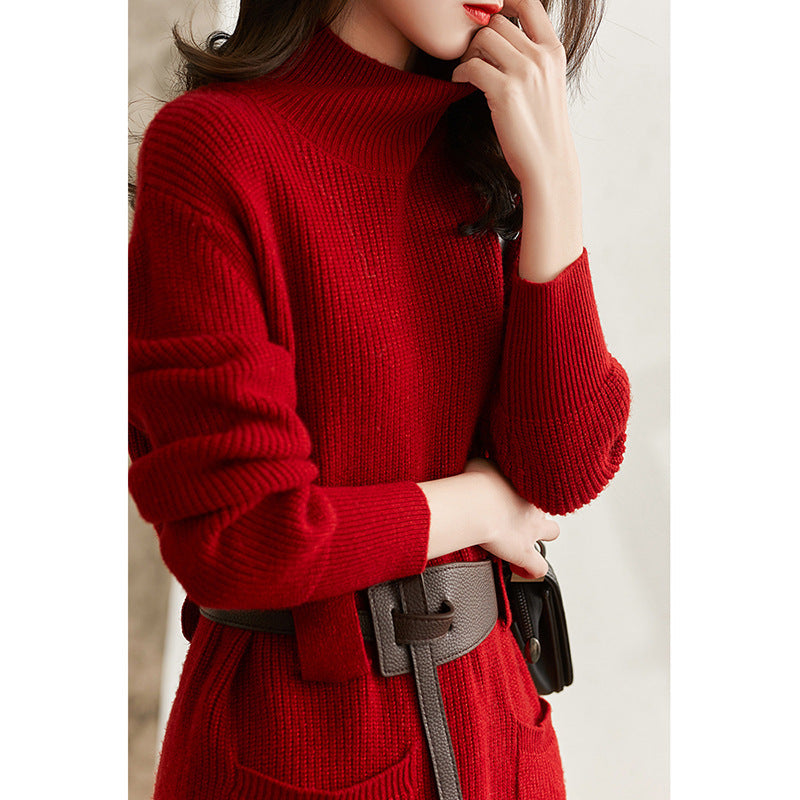 Spring & Autumn Knitted Half-Turtleneck Dress