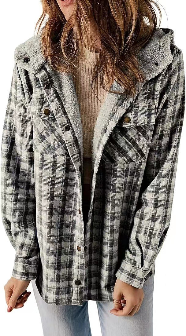 Casual Plaid Woolen Hooded Coat