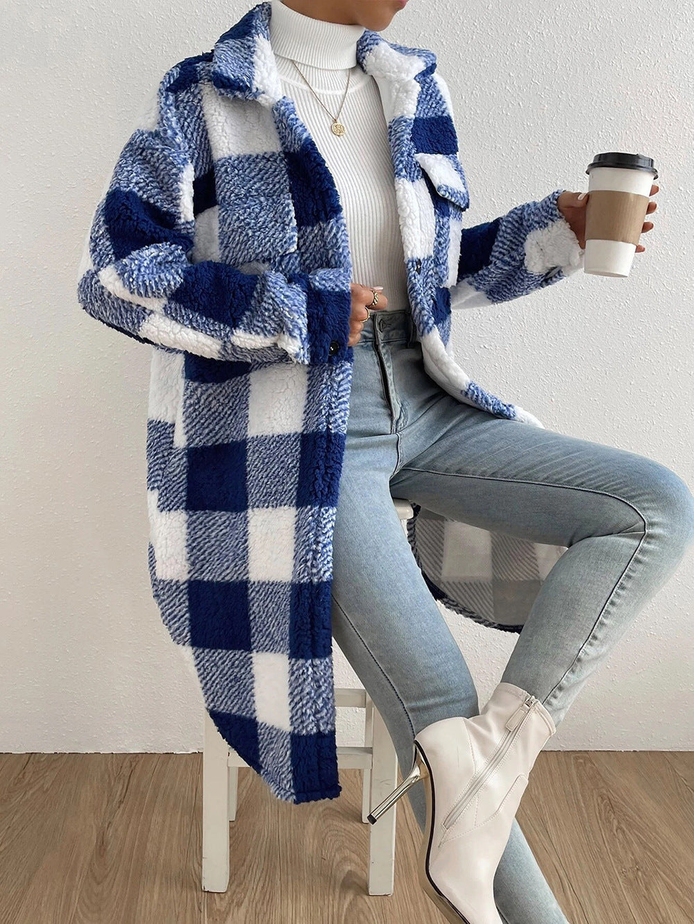 Chic Plaid Polo Collar Coat