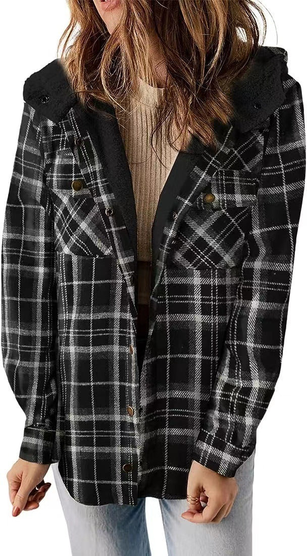 Casual Plaid Woolen Hooded Coat