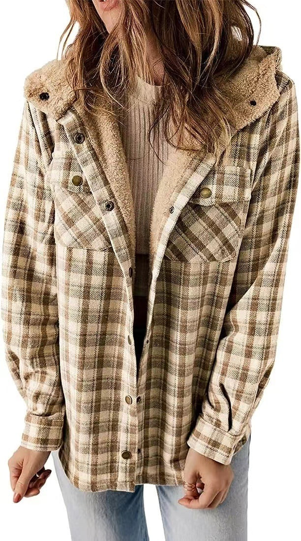 Casual Plaid Woolen Hooded Coat