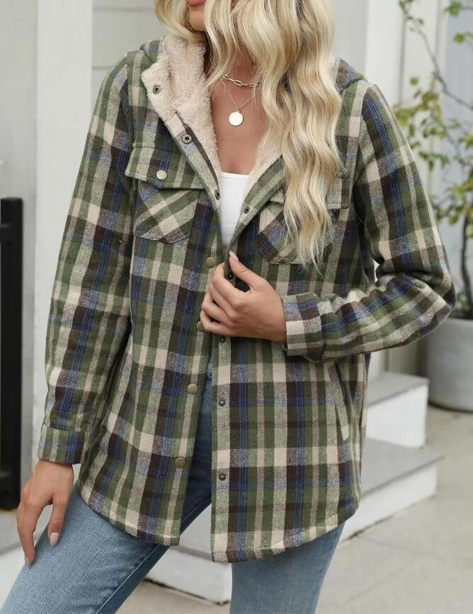 Casual Plaid Woolen Hooded Coat