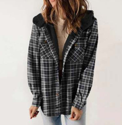 Casual Plaid Woolen Hooded Coat