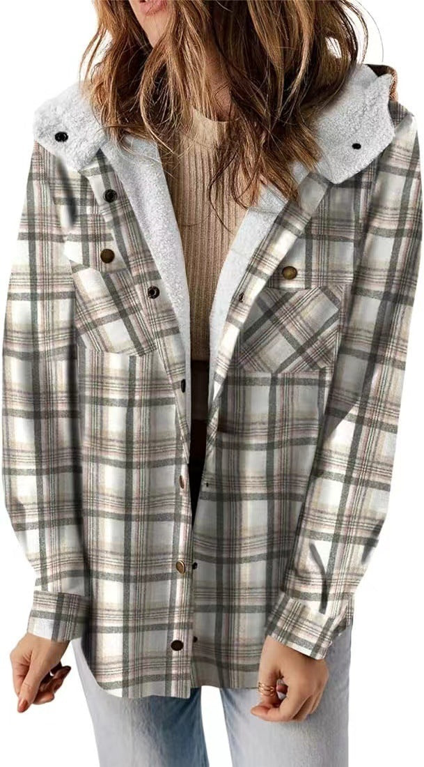 Casual Plaid Woolen Hooded Coat