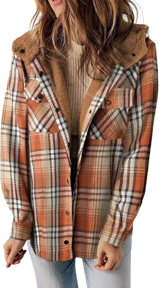 Casual Plaid Woolen Hooded Coat