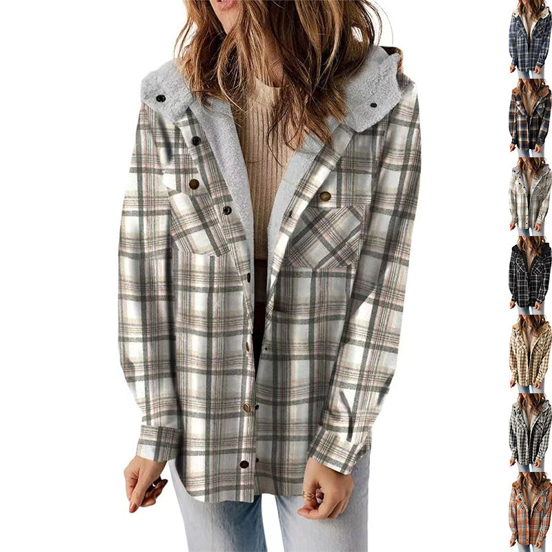 Casual Plaid Woolen Hooded Coat