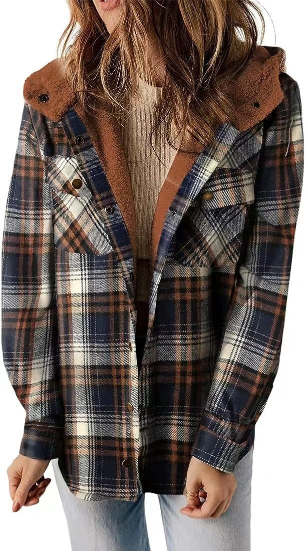 Casual Plaid Woolen Hooded Coat