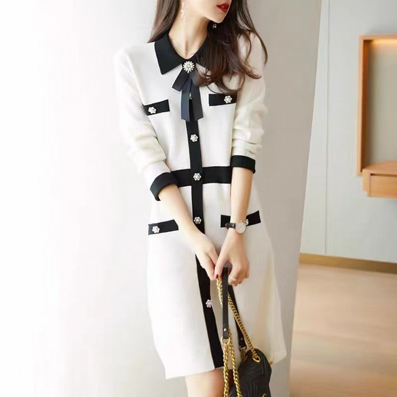 Long Sleeve Patchwork Waist-Slimming Sweater Dress