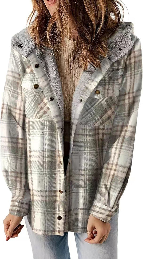 Casual Plaid Woolen Hooded Coat