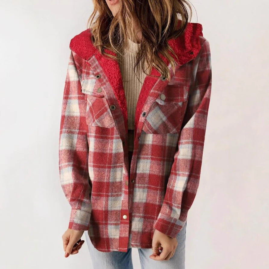 Casual Plaid Woolen Hooded Coat